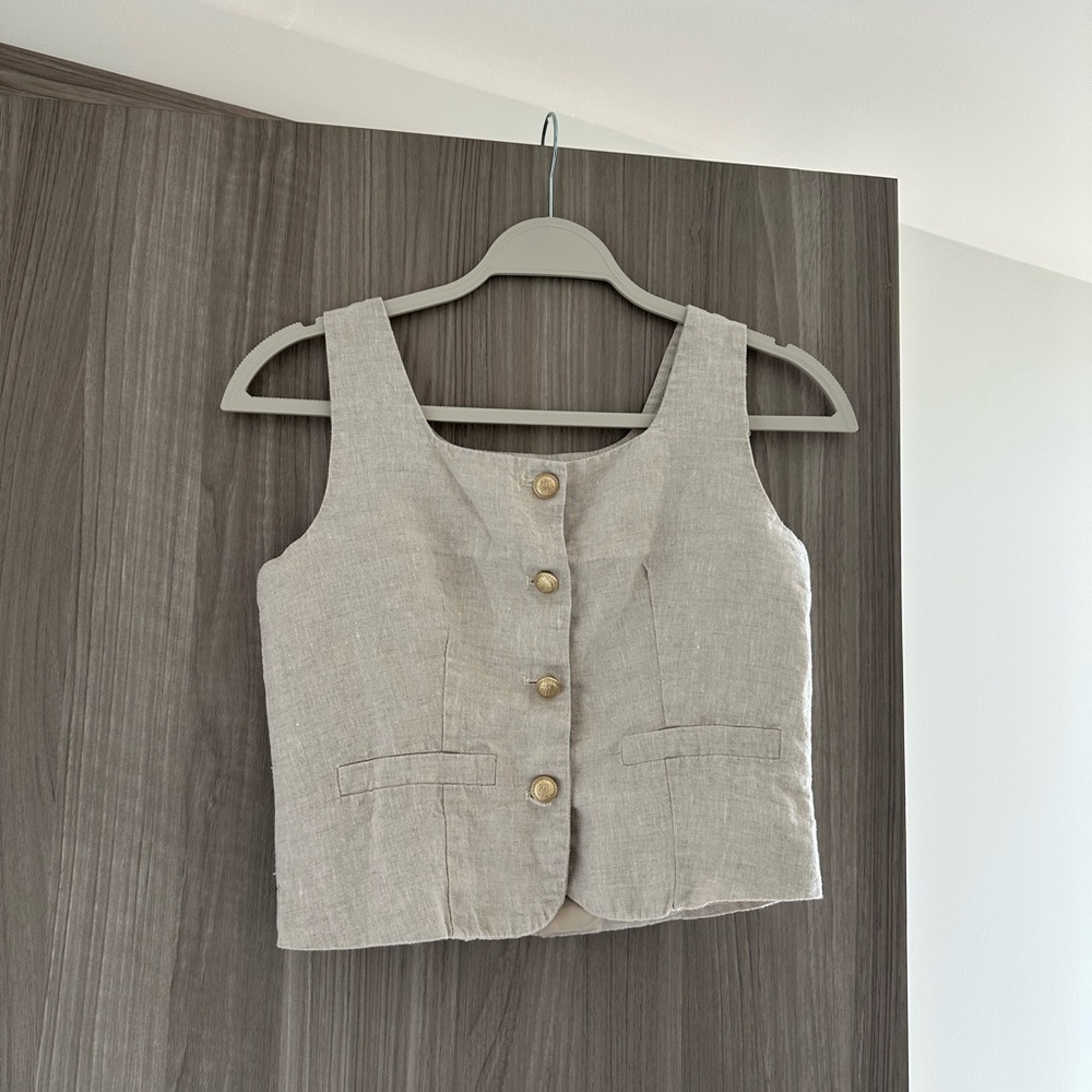 Linen-Blend Sleeveless Button Front Top - Light Beige